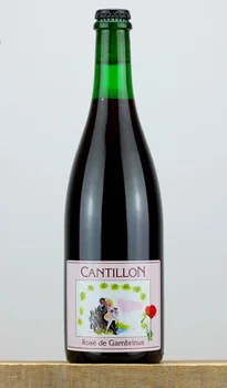 Rosé de Gambrinus bottle, Cantillon: dark green corked bottle with a pale pink label reading Cantillon, a watercolour illustration with a red poppy, and Rosé de Gambrinus below