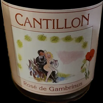 Close-up of the Rosé de Gambrinus label, Cantillon: the Cantillon name in red capitals above a watercolour illustration with green leaves and a red poppy, Rosé de Gambrinus in red below