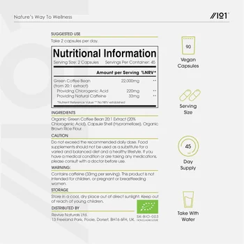 Nutritional panel: serving size 2 capsules providing 220 mg chlorogenic acid and 33 mg caffeine, from an organic green coffee bean 20:1 extract at 20% chlorogenic acid