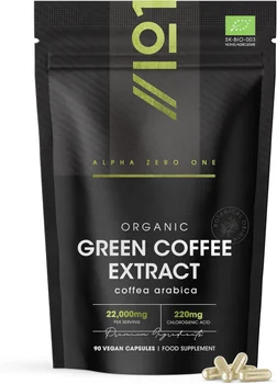 Alpha01 organic green coffee extract pouch, 90 vegan capsules, stating 22,000 mg per serving and 220 mg chlorogenic acid