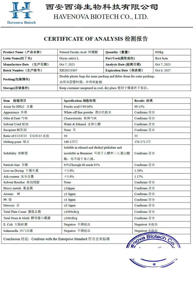 Certificate of analysis for natural ferulic acid batch XH20251007 from rice bran, listing 99.13% assay, C12/C13 ratio, melting point, heavy metals and microbiology results