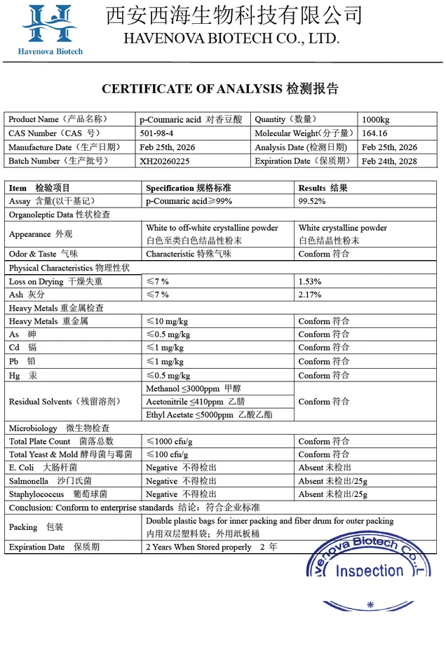Certificate of analysis for p-coumaric acid batch XH20260225, listing 99.52% assay, CAS 501-98-4, heavy metals, residual solvents and microbiology results