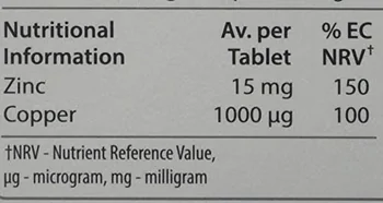 Nutritional information panel listing 15 mg zinc at 150% NRV and 1000 µg copper at 100% NRV per tablet