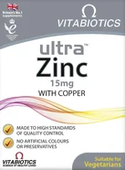 Vitabiotics Ultra Zinc carton, front panel reading 15 mg zinc with copper, suitable for vegetarians